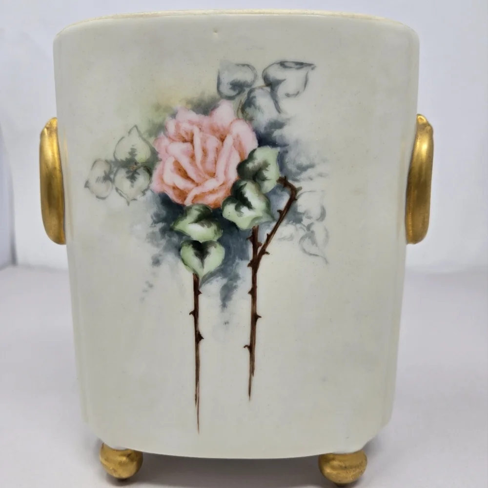 Antique Limoges France Cachepot Porcelain Hand-painted Pink Rose William Guerin